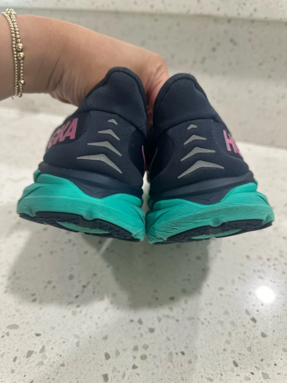 Hoka Women's Navy Blue Teal Running Shoes with Pink Logo - Picture 4 of 15